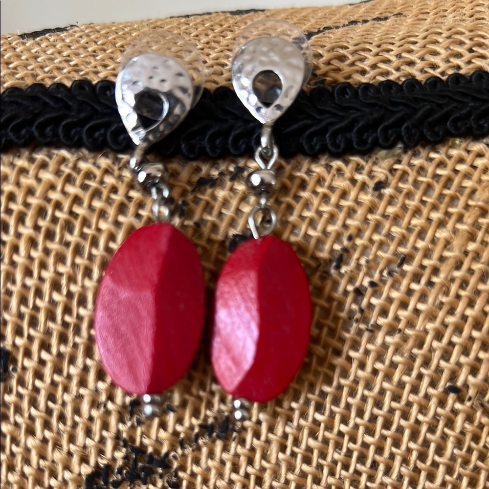 Chico's Red and Silver Dangle Earrings Modern Minimalist Design